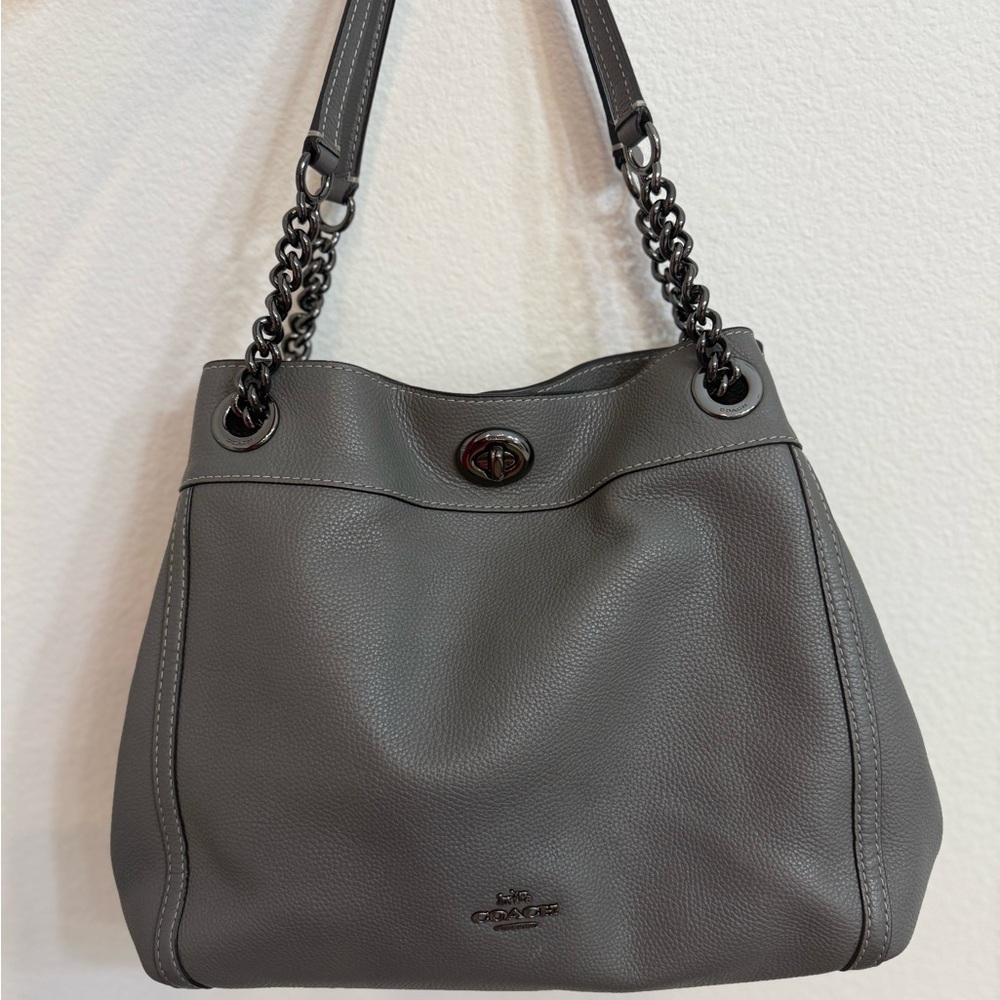 Coach Gray pebbled Leather Shoulder Bag with chain strap